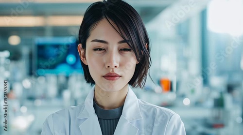 A young Asian woman in a laboratory wearing a white lab coat. She has short black hair and is focused on her work in scientific research and vaccine development.