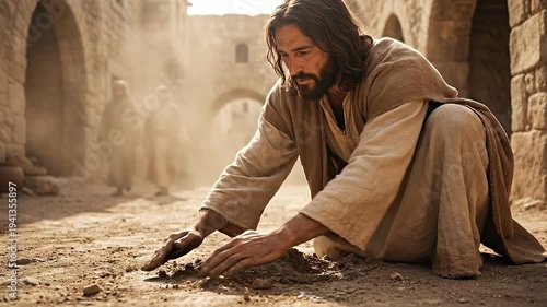 Jesus makes clay with saliva on a dusty Jerusalem road