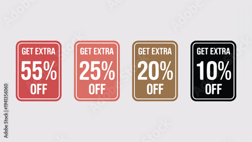 Set of four rounded square sale tags with discounts of 55%, 25%, 20%, and 10% off