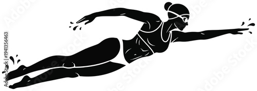 Female swimmer freestyle silhouette reaching forward with splashing water motion and athletic grace.