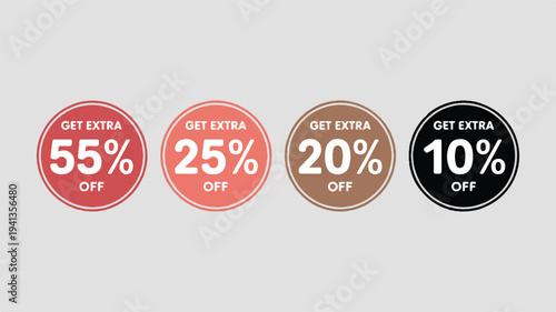 Collection of four discount labels with different percentages: 55%, 25%, 20%, and 10% off