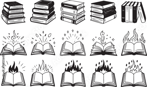 Collection of open and closed books on transparent background vector illustration set