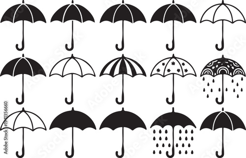Umbrella icons 15 different black silhouettes for weather protection and rain symbols on transparent background