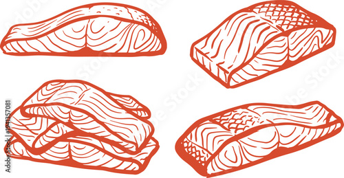 Hand Drawn Salmon Fillet Set Vector Illustration, Fish Fillet Sketch Collection.