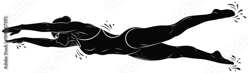 Silhouette of female swimmer in streamline position swimming freestyle, butterfly, or athletic motion.