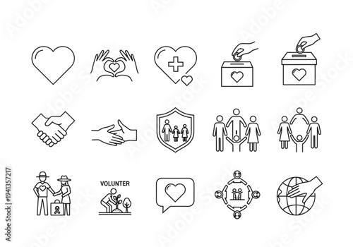 Compassion and Charity Line Icons Set – Love, Helping Hands, Donation and Community Care Outline Vector Collection