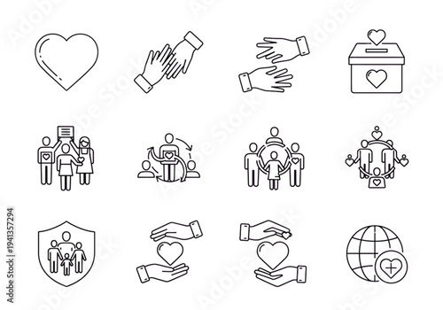 Compassion and Charity Line Icons Set – Love, Helping Hands, Donation and Community Care Outline Vector Collection