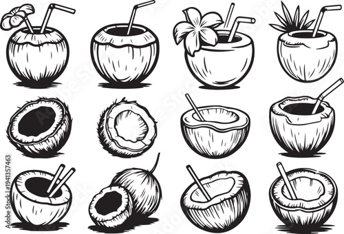 Set of fresh and delicious coconuts with straws and umbrella, tropical drinks and healthy food