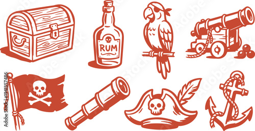 Hand Drawn Pirate Elements Set Vector Illustration, Pirate Sketch Collection.