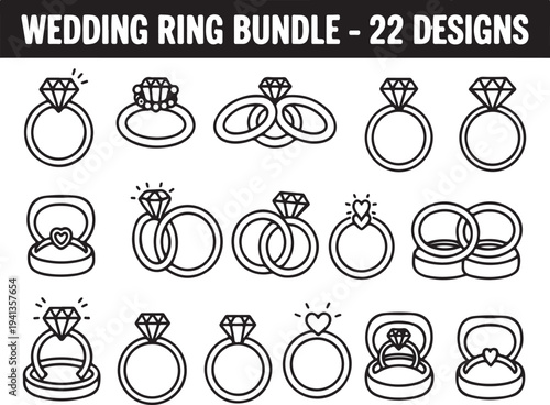 Wedding ring bundle set with engagement rings and wedding bands in different styles and settings flat vector icons
