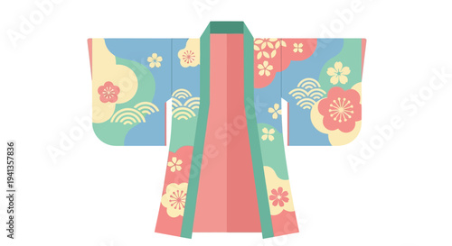 Japanese Kimono Illustration with Floral and Wave Patterns
