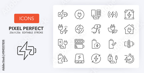 Line icons about battery charging. Contains such icons as charger, ev charger station, power bank and more. Editable vector stroke. 256 Pixel Perfect scalable to 128px...