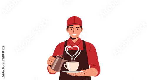 Illustration of a smiling barista holding a coffee cup and steaming pitcher with a heart design on his apron against a clean white background.