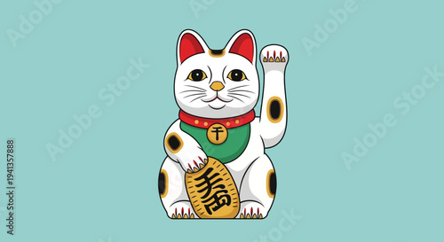Maneki Neko Lucky Cat with Gold Coin, Japanese Beckoning Cat Illustration