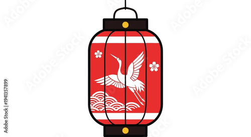 Red Japanese Lantern with Crane and Waves Illustration
