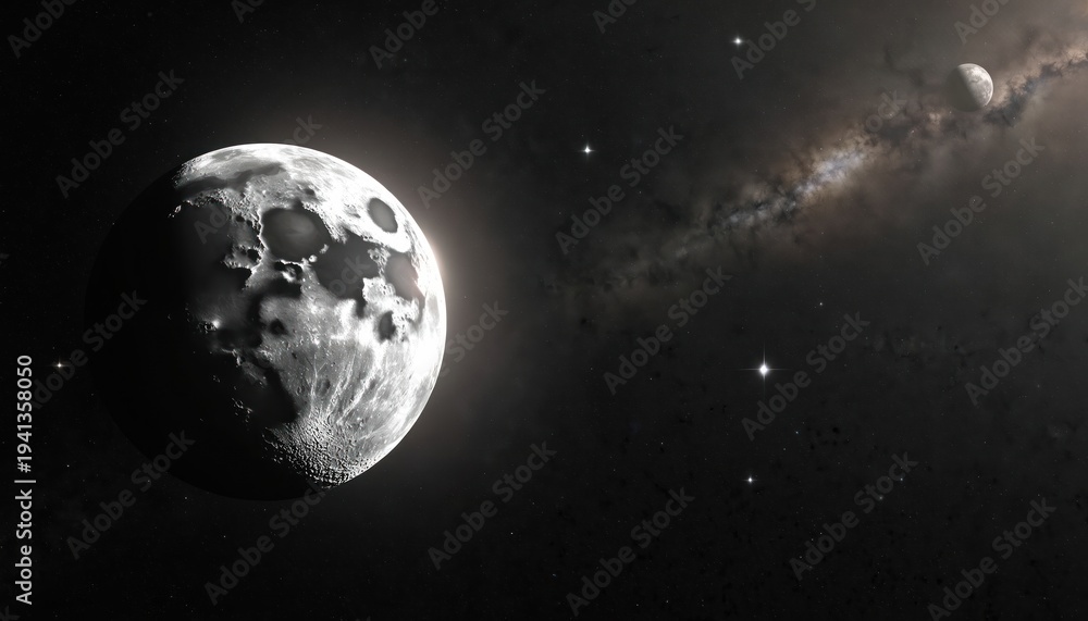 Fototapeta premium Detailed realistic moon in deep space galaxy with glowing stars. Earth satellite orbits dark universe with nebulae. Natural celestial body, round lunar object, bright sphere with craters, shining