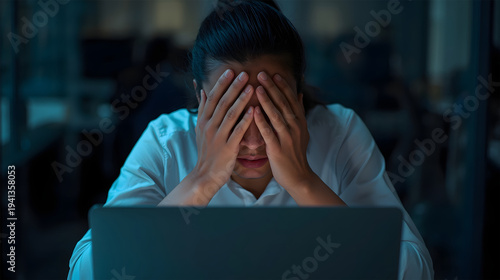 Employee feeling stressed while working on a laptop