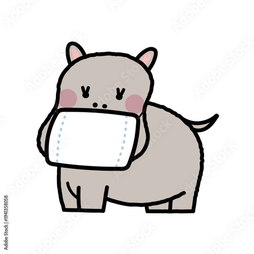 マスクをしたカバのシンプルかわいいイラスト