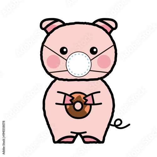 マスクをする豚がドーナツを持っているシンプルかわいいイラスト