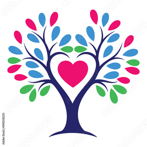 Colorful tree with heart shape and multi colored leaves illustration icon