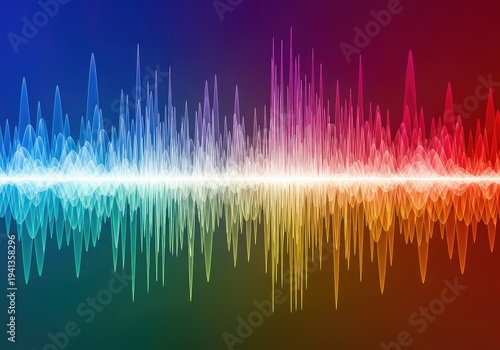 Abstract digital rendering showing high energy frequency waves moving through a vibrant color spectrum space and dynamic oscillation, modern, computational, energy