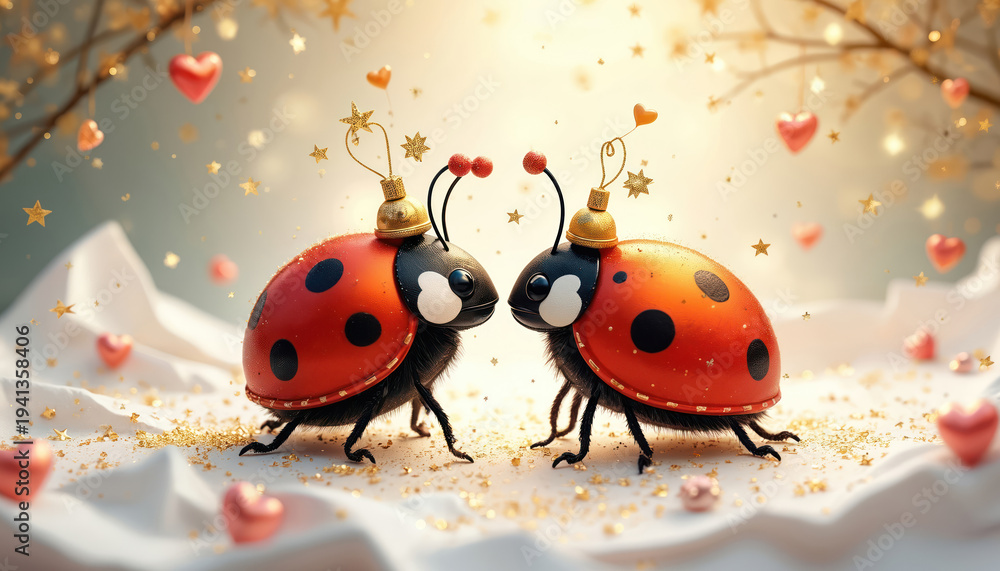 Fototapeta premium Two ladybug ornaments face each other. They have gold caps on heads and small hearts float around. Glittering stars and hearts complete the charming festive scene.