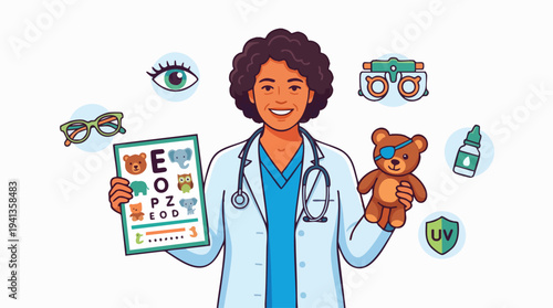 A female doctor in a white lab coat holding an eye chart and a teddy bear, surrounded by eye care icons, in a clinical setting from a straight-on viewpoint