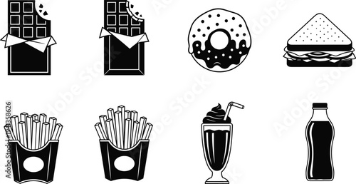 Large Set of Black and White Linear Vector Icons Featuring Popular Junk Food Snacks Including Chocolate Bars Glazed Donuts Sandwiches French Fries Milkshakes and Soda Bottles