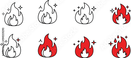Red and black fire flame icons set with outline and flat styles featuring sparkle details isolated on white background for hot spicy design