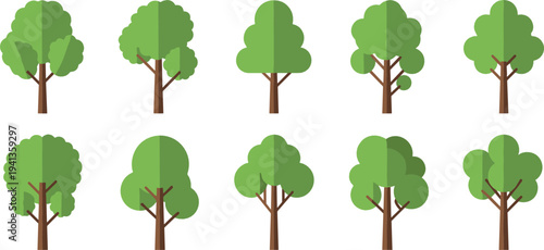 Cartoon green trees vector set with different forest tree shapes, nature plants collection isolated illustration for landscape design