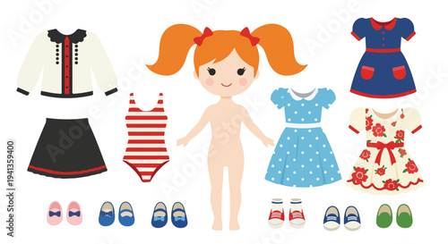 Paper doll with various outfits and shoes on a white background in a flat lay composition.