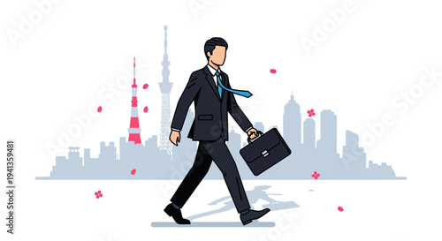 Businessman walking with briefcase in Tokyo cityscape with cherry blossoms