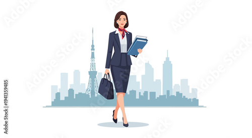 Businesswoman walking in city with briefcase and documents, Tokyo skyline background