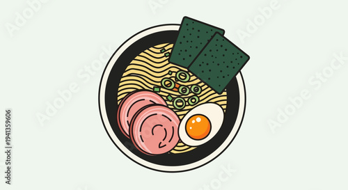 Japanese Ramen Noodle Soup Bowl with Egg, Pork, and Seaweed - Top View Illustration
