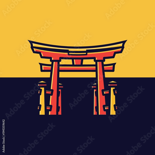 Japanese Torii Gate Icon on Yellow and Blue Background, Minimalist Design