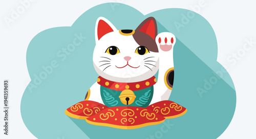 Lucky Cat Maneki Neko Waving Paw for Good Fortune, Japanese Culture Icon