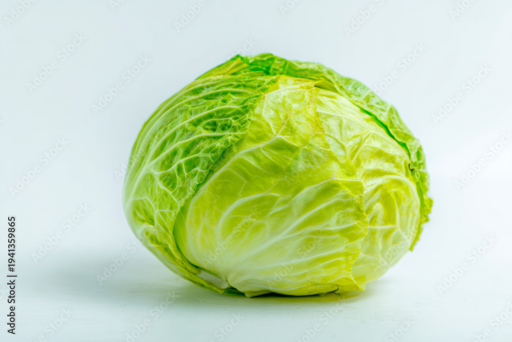 Fototapeta premium Whole green cabbage on a clean white seamless background for food packaging and vegetable product design