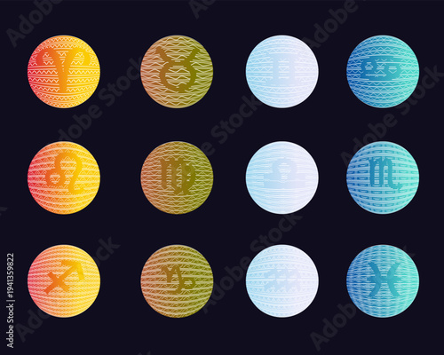 Vector set of twelve zodiac signs icons with ethnic tribal patterns inside spheres. Astrology symbols collection