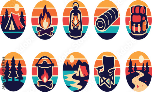 Set of 10 camping adventure icons with vibrant retro sunset gradient background for outdoor travel and survival themes
