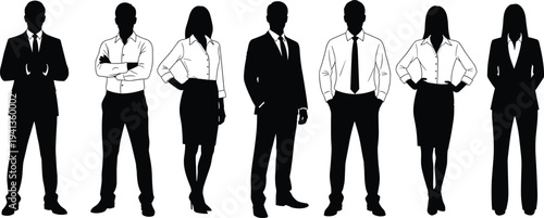 Row of diverse business people silhouettes in professional attire standing in a line for corporate team building leadership success and workplace diversity
