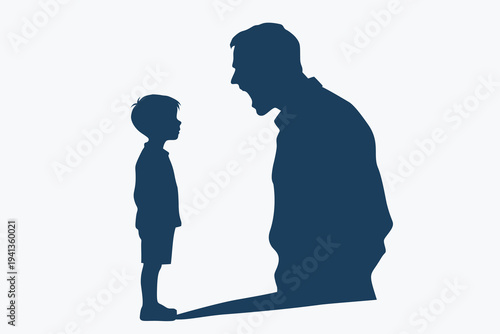 Shouting Father Looms Over Scared Child Silhouette: Dysfunctional Family Trauma, Noise