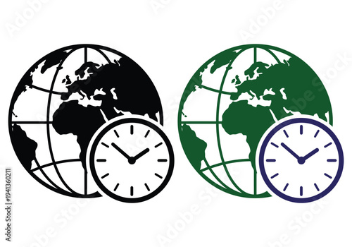 Global Time Zones and Worldwide Clock Concept with Earth Globe Icons