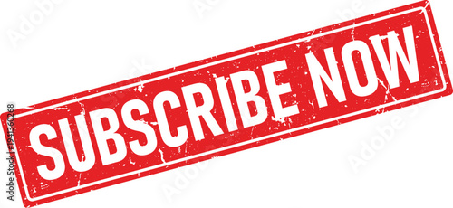 Red Distressed Subscribe Now Rectangle Rubber Stamp Impression Isolated on White Background