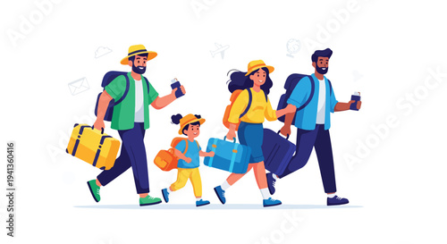 A family of four walking together with luggage and travel gear on a plain white background.