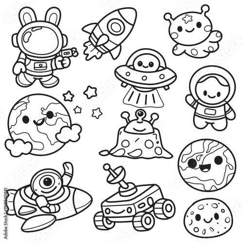 Cute astronaut rocket alien UFO Earth stars planet moon rover cartoon space
