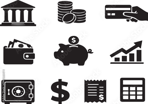 Flat design finance and investment icons set with bank building, money coins, piggy bank, dollar sign, growth chart, wallet, and calculator for business success