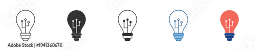 Innovative lightbulb icons showcasing integrated USB connections, perfect for conveying smart energy, technological ideas, digital solutions, and futuristic concepts in graphic design