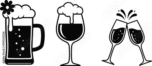 Set of black alcoholic beverage icons including a beer mug with foam, a wine glass, and toasting champagne flutes isolated on white background vector. (25 words)
