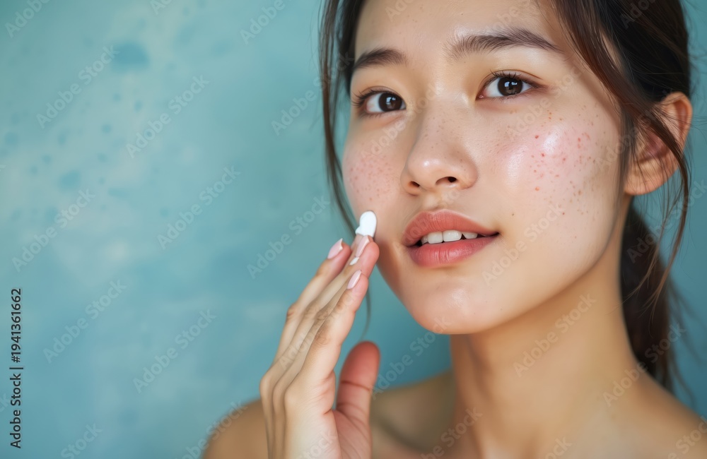 custom made wallpaper toronto digitalAsian woman with acne applies cream to face. Young girl with blemishes uses treatment for skin care. Female treats pimples for healthy complexion. She cares about her skin.