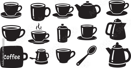 Black and white coffee cups and teapots illustration set